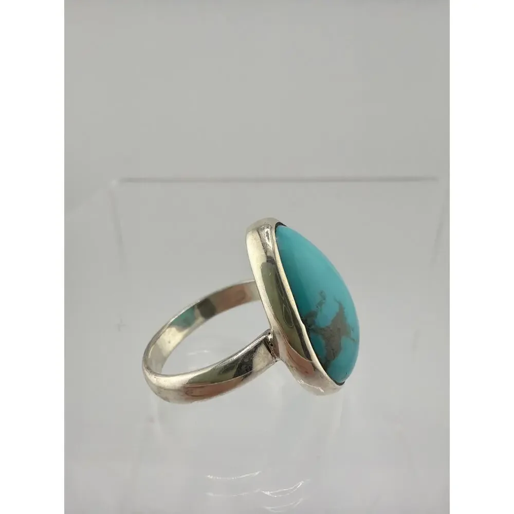 Handcrafted 925 Sterling Silver Teardrop Turquoise Ring Size 8.5